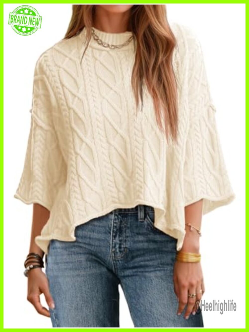 Cable Knit Cropped Sweater Oversized 3/4 Sleeve Pullover